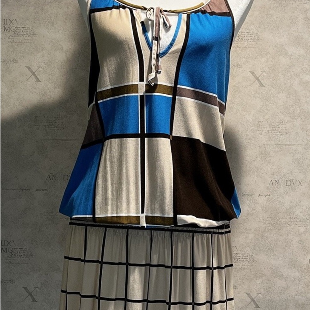 VENUS Blue and Black Geometric Drop Elastic Waist Dress